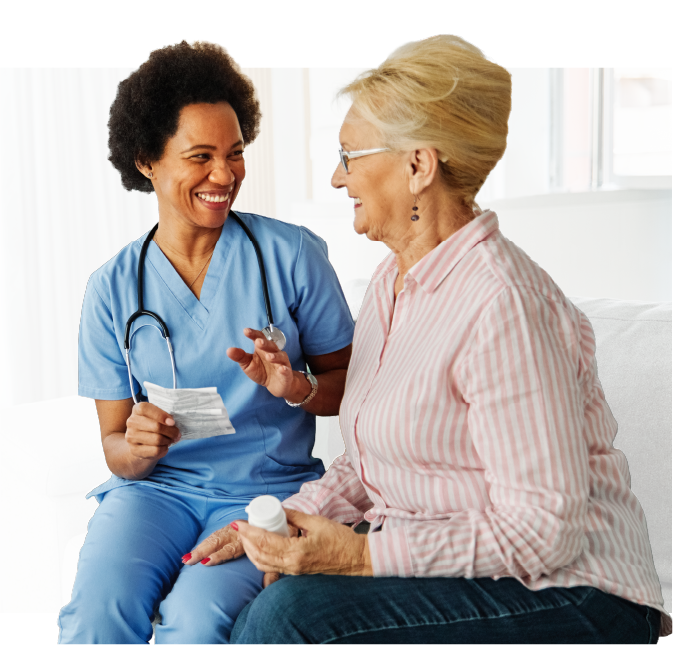 Nurse talking to woman about home care.