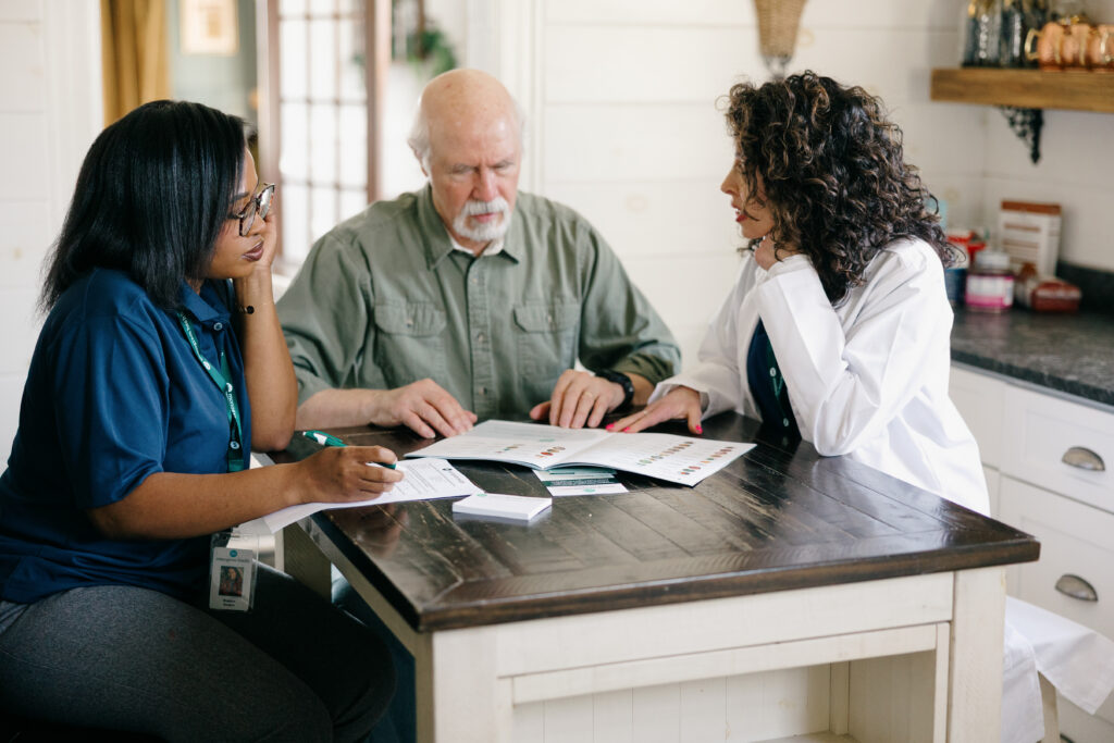 Monogram Health doctor and nurse sitting at a table with a patient
