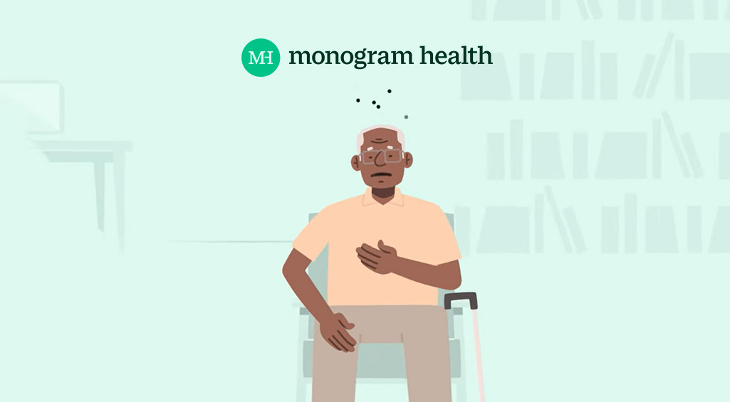 Custom illustration of a man sitting on a chair with the Monogram Health logo in the background