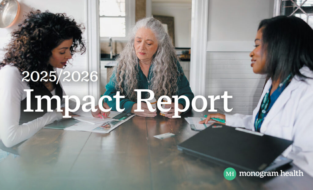 Impact Report cover of a patient, their caregiver and a Monogram Health clinician.